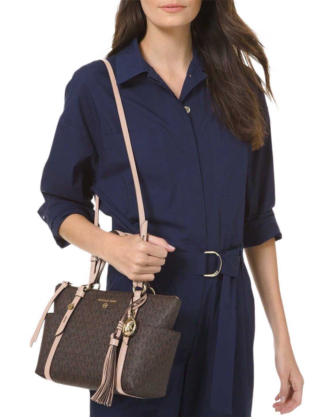 Sullivan Small Logo Top-Zip Tote Bag (Brown+Cream)