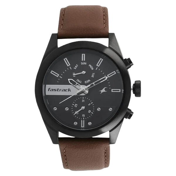 All Nighters Quartz Multifunction Black Dial Leather Strap Watch