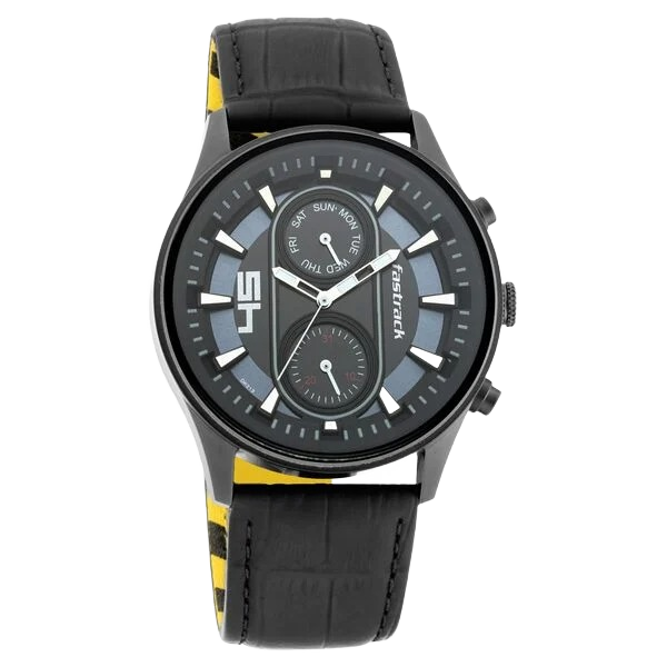 Fastfit Quartz Analog with Day and Date Black Dial Leather Strap Watch