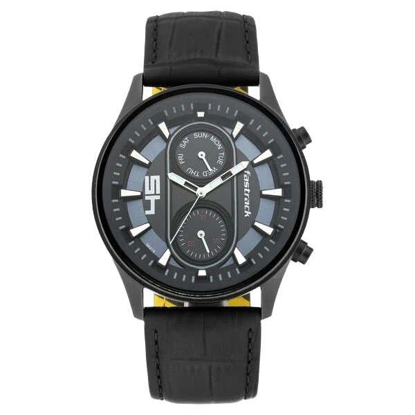 Fastfit Quartz Analog with Day and Date Black Dial Leather Strap Watch