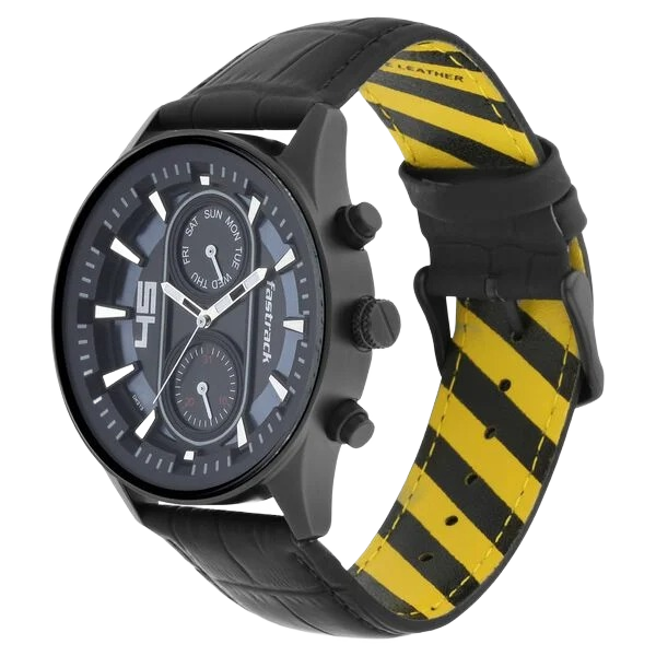 Fastfit Quartz Analog with Day and Date Black Dial Leather Strap Watch