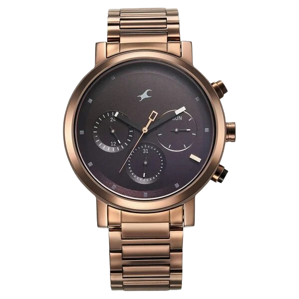 Tick Tock Quartz Analog Black Dial With Brown Stainless steel Strap Watch