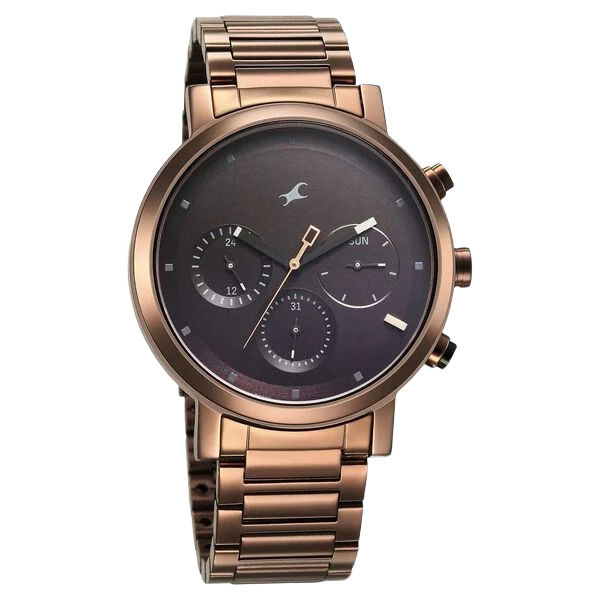 Tick Tock Quartz Analog Black Dial With Brown Stainless steel Strap Watch