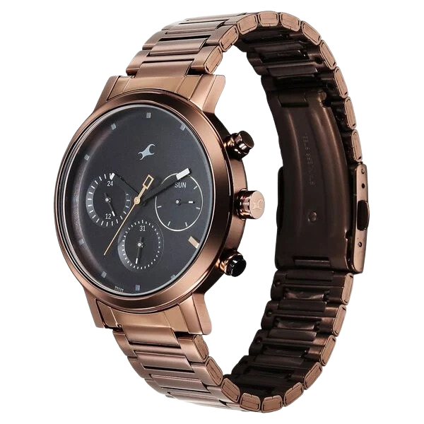 Tick Tock Quartz Analog Black Dial With Brown Stainless steel Strap Watch