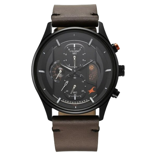 Opulence Sun Moon Chronograph Black Dial Brown Leather Strap Analog Quartz Watch