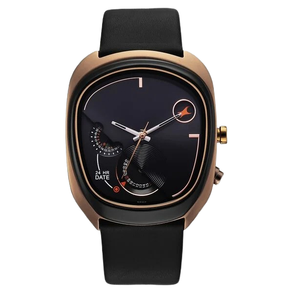 UFO Quartz Multifunction Black Dial Black Leather Strap Watch