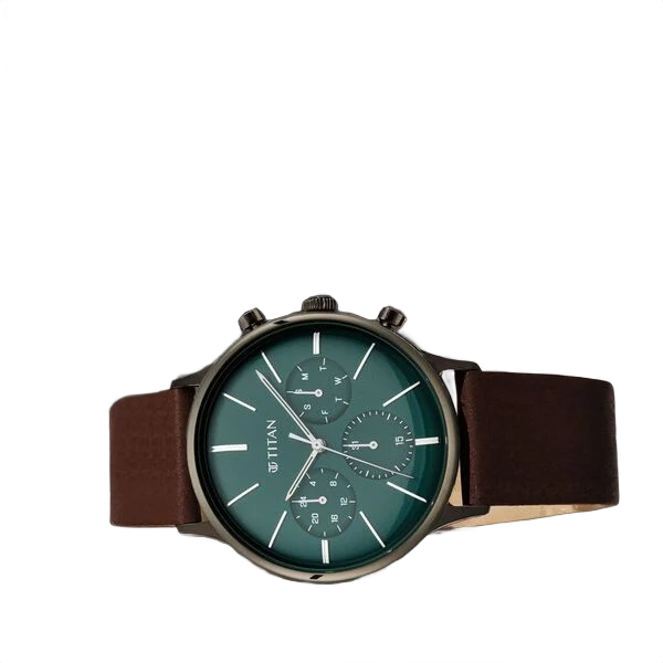 Quartz Multifunction Green Dial Leather Strap Watch for Men