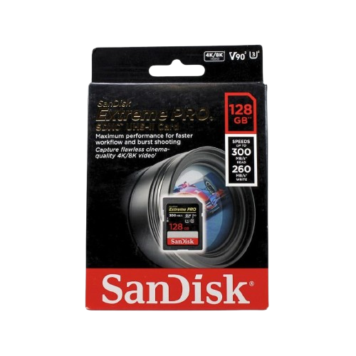 SanDisk Extreme PRO 128GB SDXC Memory Card, UHS-II, Class 10, U3, V90, 300MB/s read, 260MB/s write, Black, Water-resistant