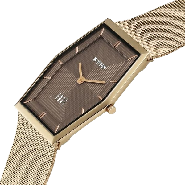 Edge Whimsey Quartz Analog Brown Dial Golden Stainless Steel Strap Watch for Men