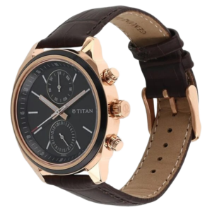 Quartz Multifunction Black Dial Brown Leather Strap Watch for Men