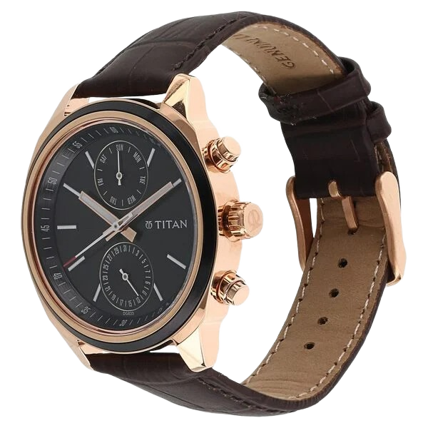 Quartz Multifunction Black Dial Brown Leather Strap Watch for Men