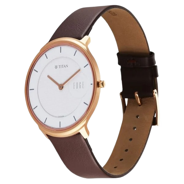 Edge Baseline Quartz Analog White Dial Brown Leather Strap Watch for Men