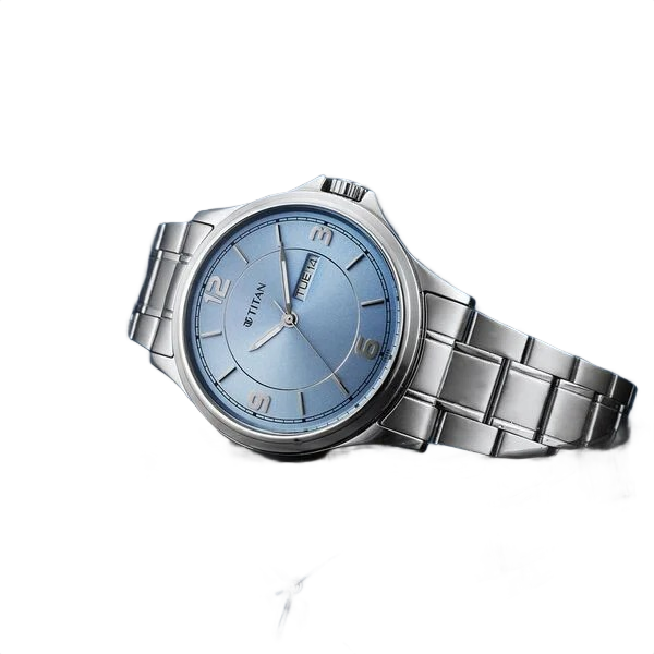 Neo Arabic Analog with Day Date Ice Blue Dial Silver Stainless Steel Strap Watch for Men