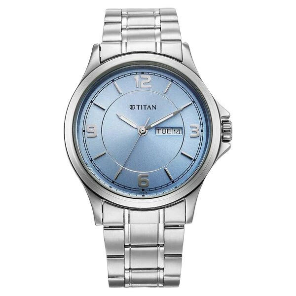 Neo Arabic Analog with Day Date Ice Blue Dial Silver Stainless Steel Strap Watch for Men