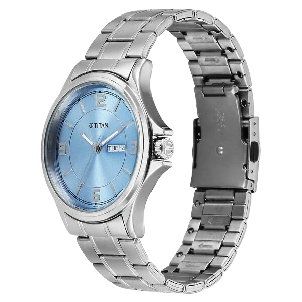 Neo Arabic Analog with Day Date Ice Blue Dial Silver Stainless Steel Strap Watch for Men