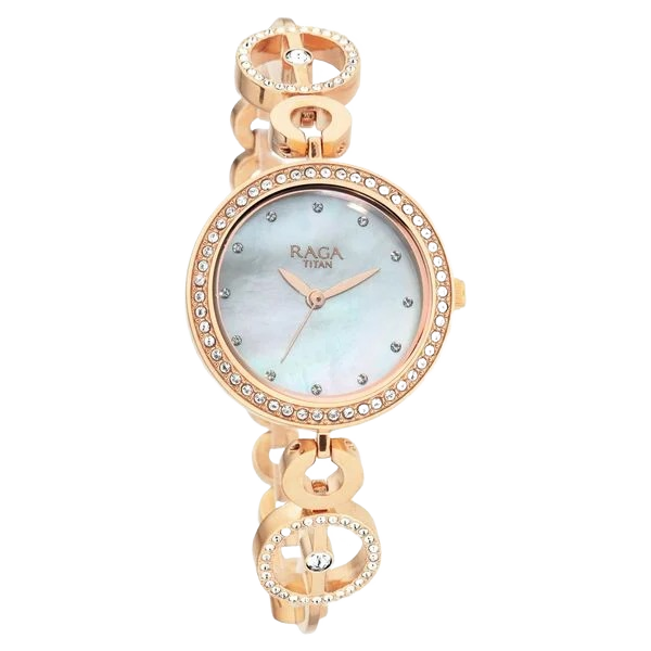 Raga Quartz Analog Mother of Pearl Dial Rose Gold Metal Strap Watch for Women