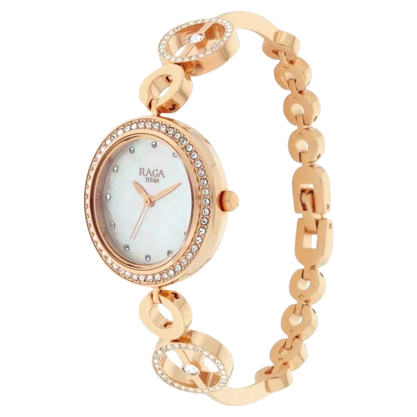 Raga Quartz Analog Mother of Pearl Dial Rose Gold Metal Strap Watch for Women
