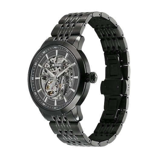 Phoenix Skeletal Automatic Analog with Gun Dial Black Stainless Steel Strap Watch for Men