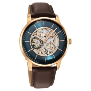 Skeletal Automatic Green Dial Brown Leather Strap Watch for Men