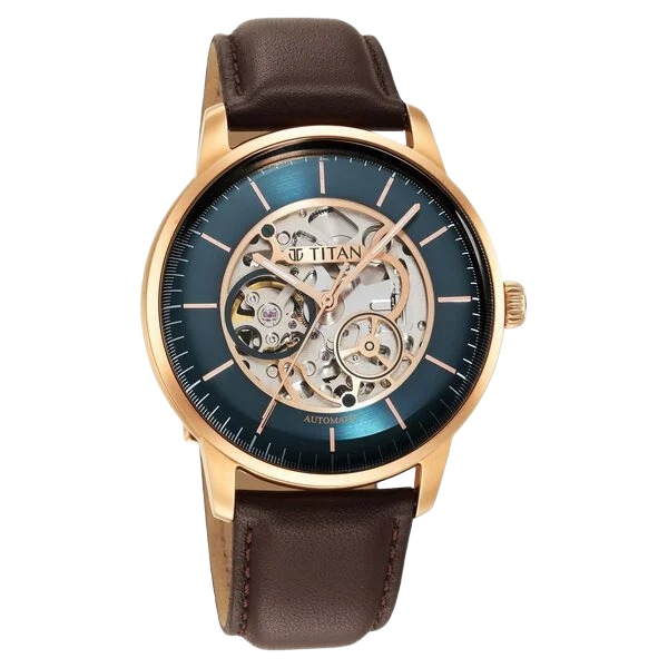 Skeletal Automatic Green Dial Brown Leather Strap Watch for Men