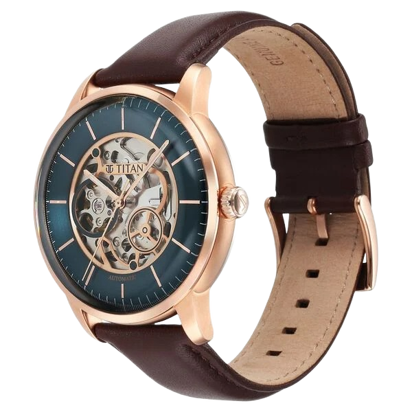Skeletal Automatic Green Dial Brown Leather Strap Watch for Men