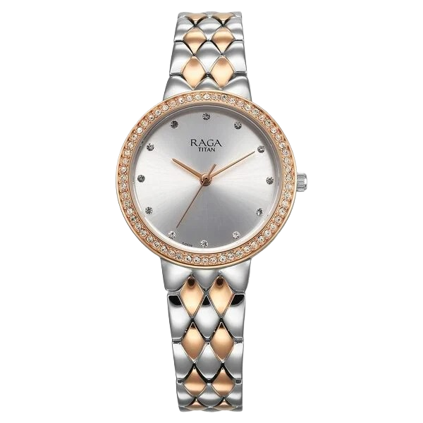 Raga Showstopper Quartz Analog Silver Round Dial Two Toned Metal Strap Watch For Women