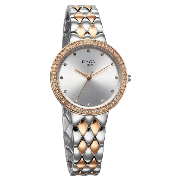 Raga Showstopper Quartz Analog Silver Round Dial Two Toned Metal Strap Watch For Women