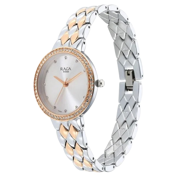 Raga Showstopper Quartz Analog Silver Round Dial Two Toned Metal Strap Watch For Women