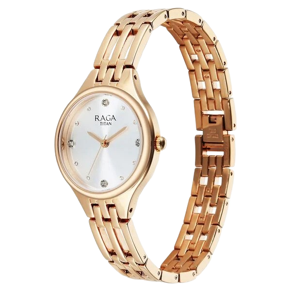 Raga Showstopper Quartz Analog Silver Dial Rose Gold Metal Strap Watch For Women