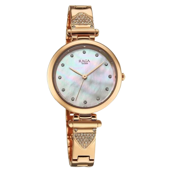 Raga Glimmers Quartz Analog Mother of Pearl Dial Rose Gold Metal Strap Watch For Women