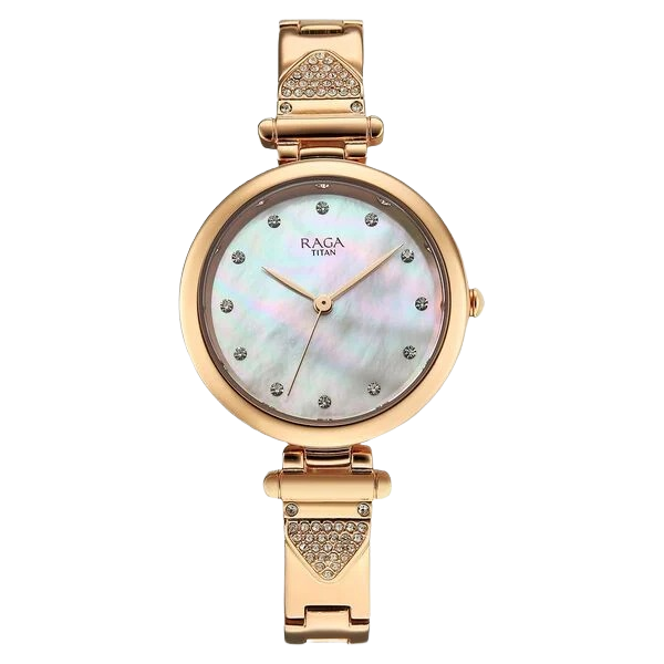 Raga Glimmers Quartz Analog Mother of Pearl Dial Rose Gold Metal Strap Watch For Women