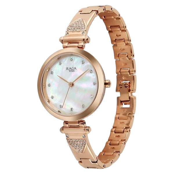 Raga Glimmers Quartz Analog Mother of Pearl Dial Rose Gold Metal Strap Watch For Women