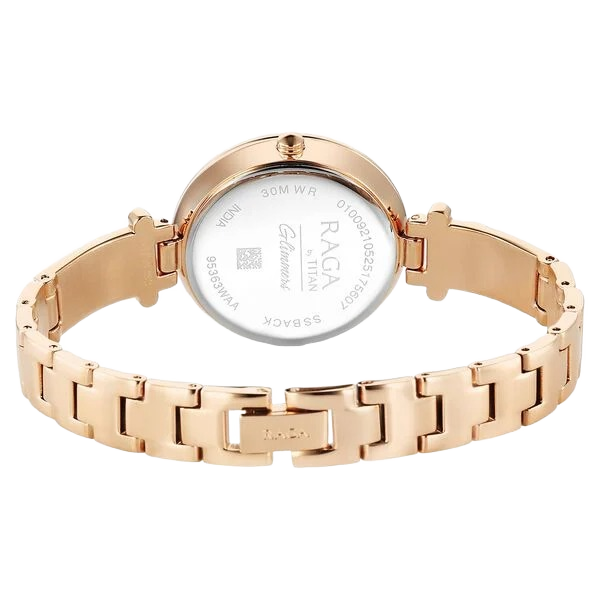 Raga Glimmers Quartz Analog Mother of Pearl Dial Rose Gold Metal Strap Watch For Women