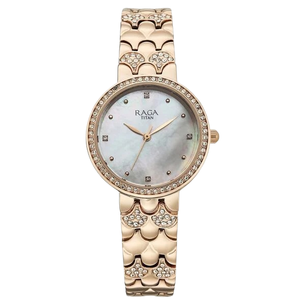 Raga Spotlight Quartz Analog White Dial Rose Gold Metal Strap Watch For Women