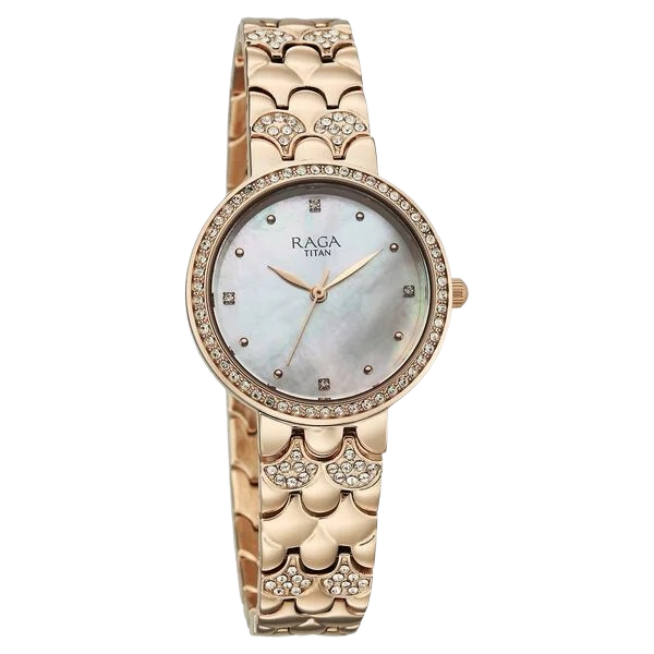 Raga Spotlight Quartz Analog White Dial Rose Gold Metal Strap Watch For Women