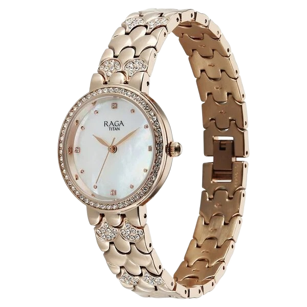 Raga Spotlight Quartz Analog White Dial Rose Gold Metal Strap Watch For Women