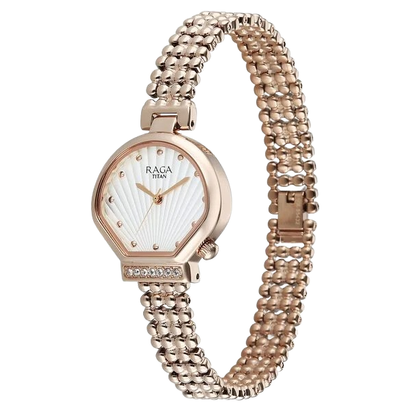 Raga Spotlight Quartz Analog White Dial Rose Gold Metal Strap Watch For Women