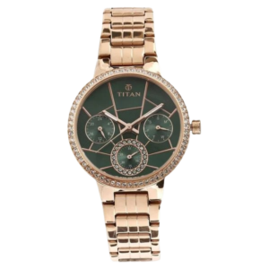 Purple Quartz Multifunction Green Dial Golden Metal Strap Watch For Women