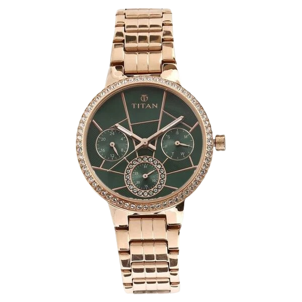 Purple Quartz Multifunction Green Dial Golden Metal Strap Watch For Women