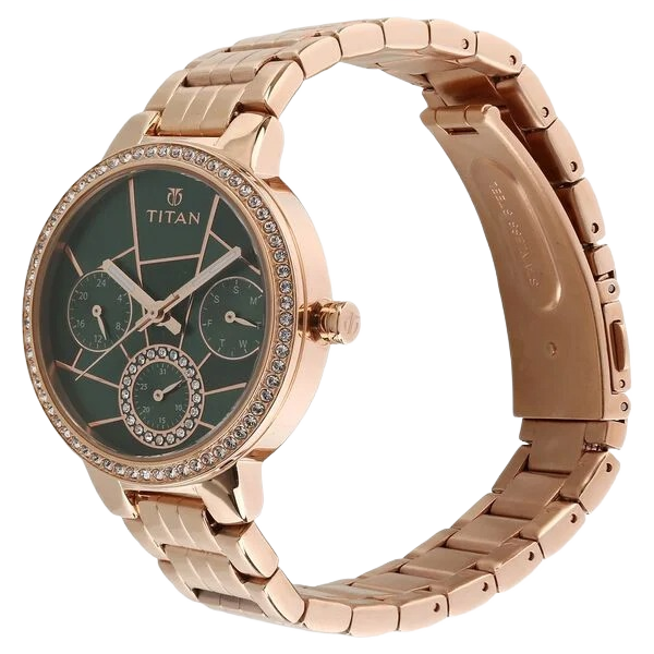 Purple Quartz Multifunction Green Dial Golden Metal Strap Watch For Women